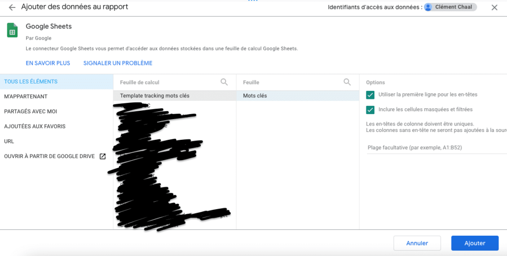 DataStudio data source selection